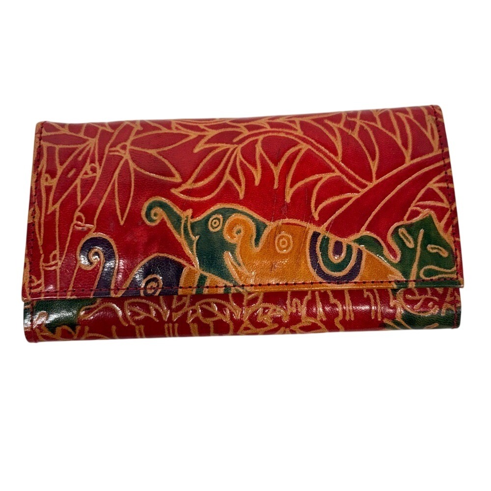 Elephant Asian Red‎ Patterned Faux Leather Wallet Clutch